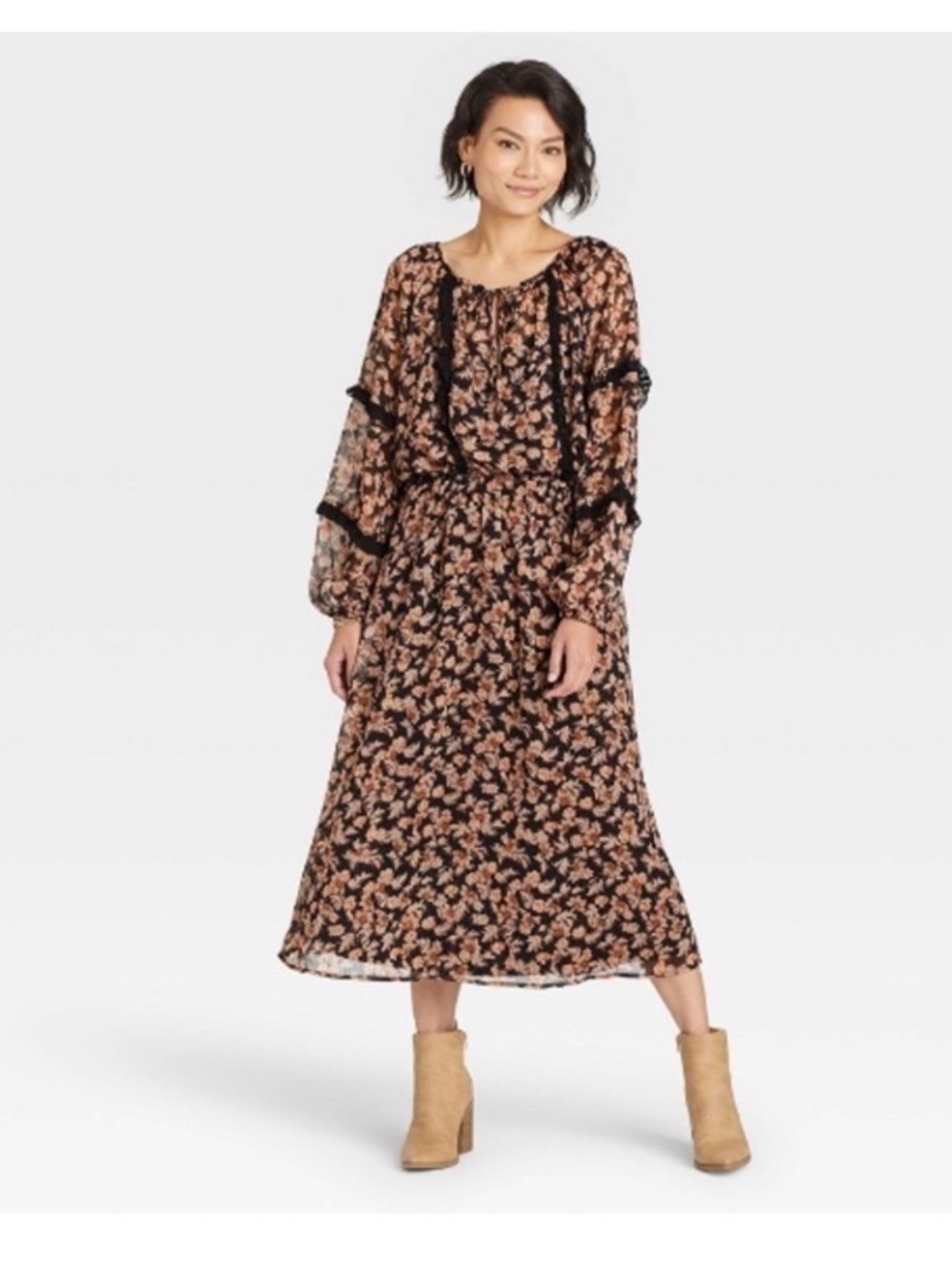 Knox Rose Black Floral Maxi Dress with Tan Print
